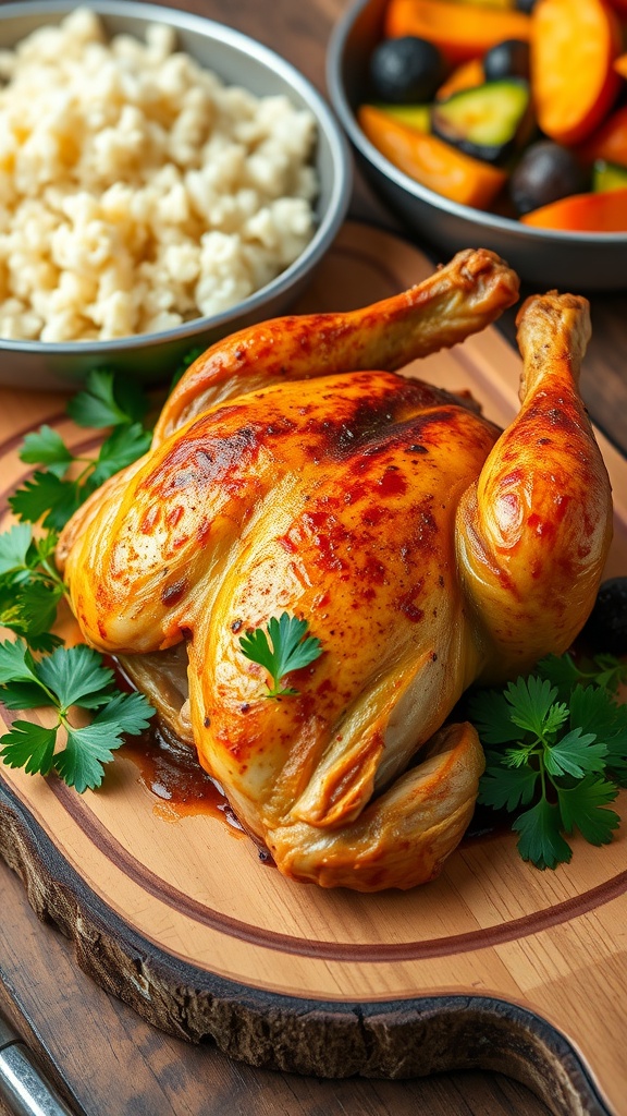 Baked chicken yerin on a wooden platter, garnished with parsley, served with roasted vegetables and rice.